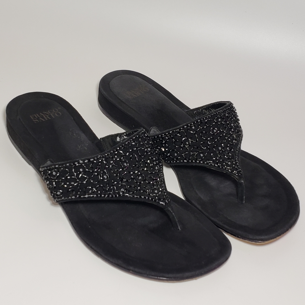 Franco Sarto Black Suede Beaded Thong Sandals
